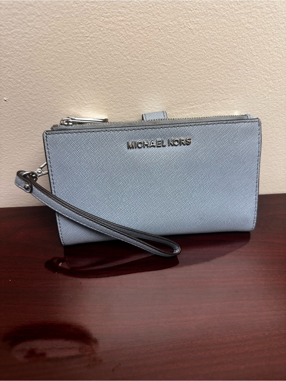 Michael Kors Light Blue Saffiano Zip Wristlet with Silver Trim